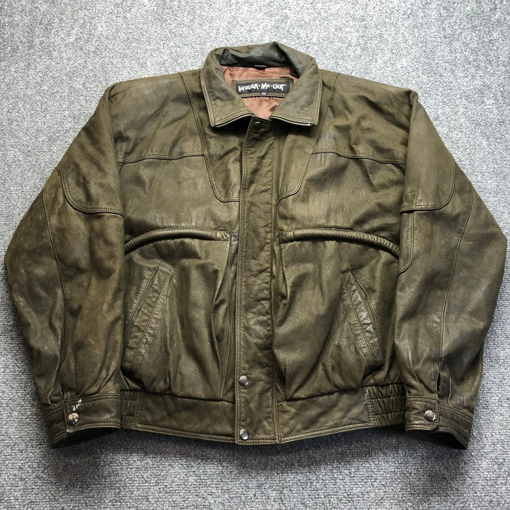 Wear-Me-Out Mens Vintage Distressed Leather Bomber Flight Jacket 44 Green
